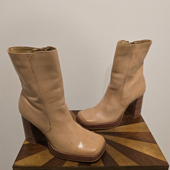 Bakers Shoes - 90s Y2K Bakers Tan Leather Chunky Heel Mid Calf Platform Boot 10 Womens Vintage